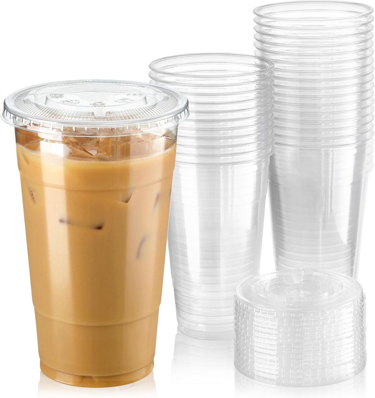 50 Pack 24 oz Clear Plastic Cups with Flat Lids, Disposable Iced Coffee Cups, BPA Free Premium Crystal Smoothie Cup for Party, Lemonade Stand, Cold Drinks, Juice, Milkshake